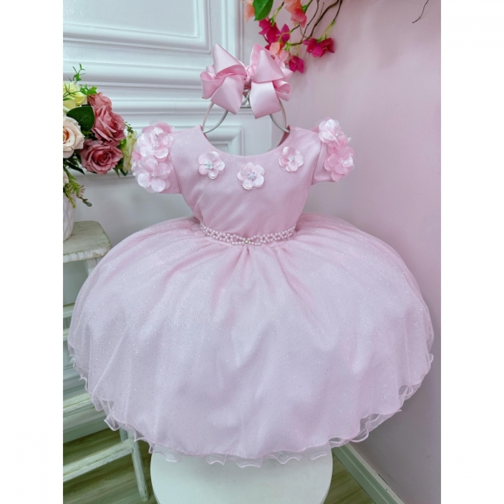 Vestido Infantil Rosa Claro Com Apliques de Flores Daminha