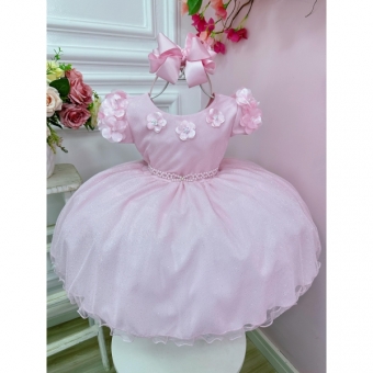 Vestido Infantil Rosa Claro Com Apliques de Flores Daminha