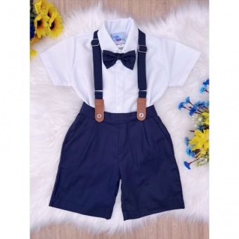 Conjunto Social Camisa Branco Gravata Short Suspensório Azul