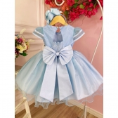 Vestido Infantil Azul C/ Aplique Flores Borboletas e Renda
