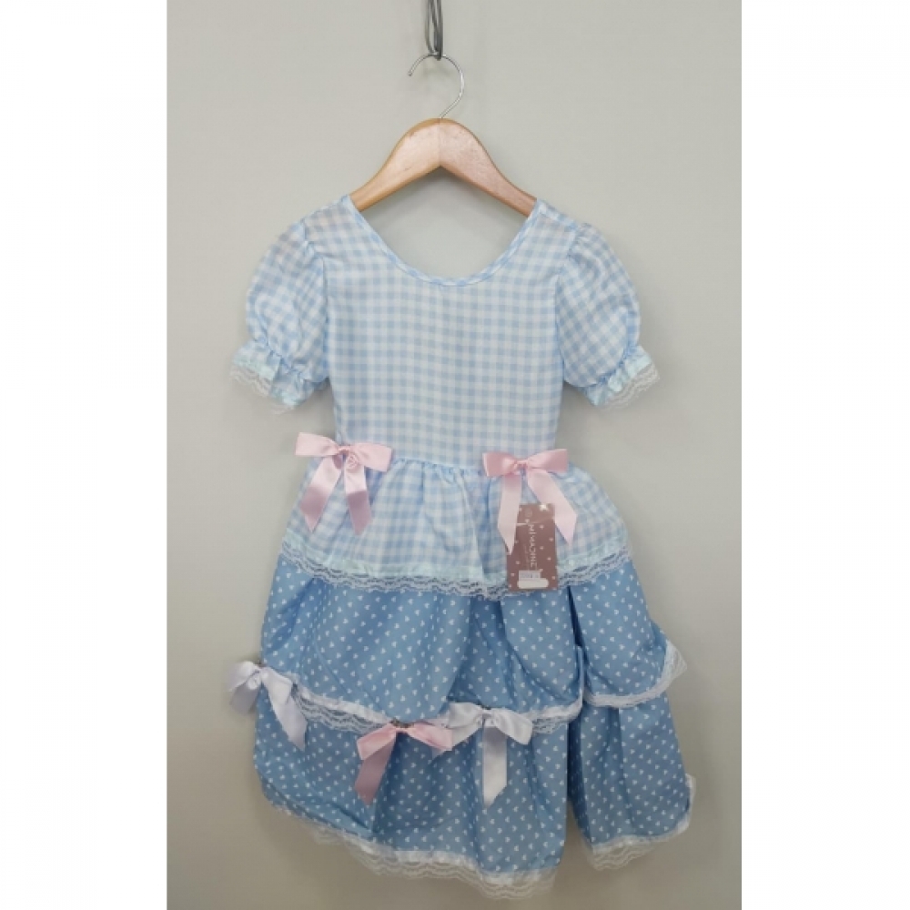 Vestido Infantil Junino Caipira Arraiá Azul Claro Xadrez Laços