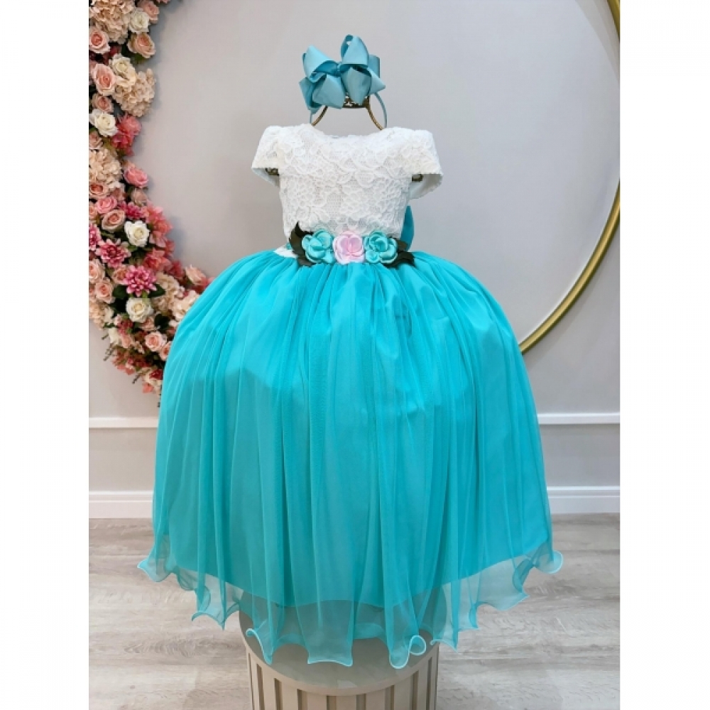 Vestido Infantil Off White Saia Verde Renda e Broche