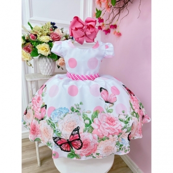 Vestido Infantil Branco Jardim Borboletas e Cinto Pérolas