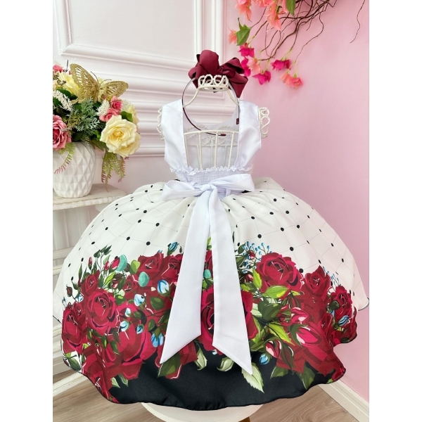 Vestido Infantil Off White Florido Marsala Busto Strass Festa