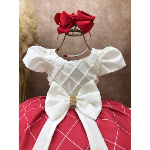 Vestido Infantil Marfim Busto Nervura e Saia Vermelha Festas
