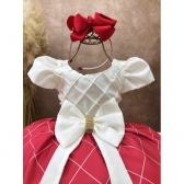 Vestido Infantil Marfim Busto Nervura e Saia Vermelha Festas