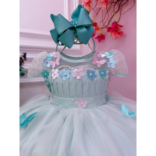 Vestido Infantil Verde Busto Plissado Com Flores Borboleta