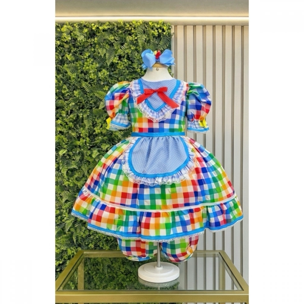 Vestido Infantil Junino Caipira Festas Xadrez Azul Colorido