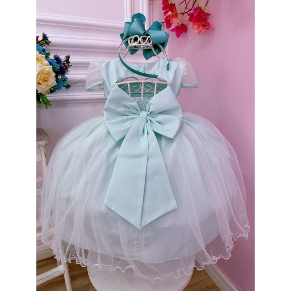 Vestido Infantil Verde Busto Plissado Com Flores Borboleta