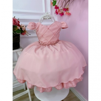 Vestido Infantil Rosa Chá Busto Nervura C/ Cinto de Pérolas