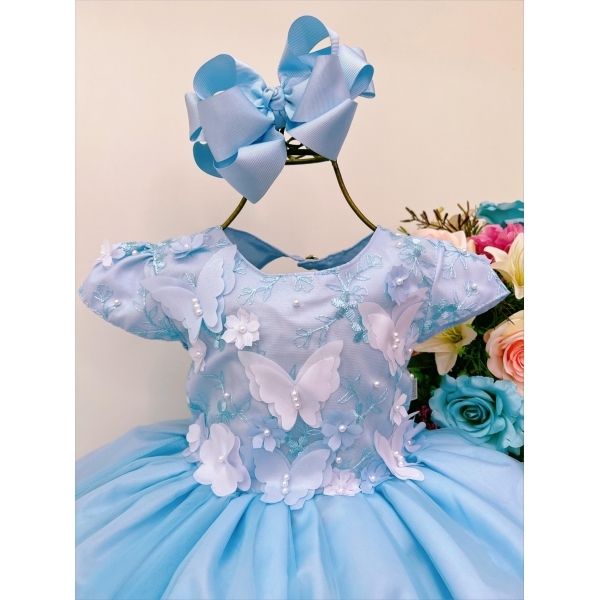 Vestido Infantil Azul Aplique Borboletas e Flores Renda Luxo