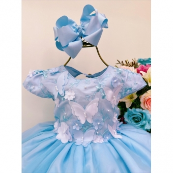 Vestido Infantil Azul Aplique Borboletas e Flores Renda Luxo