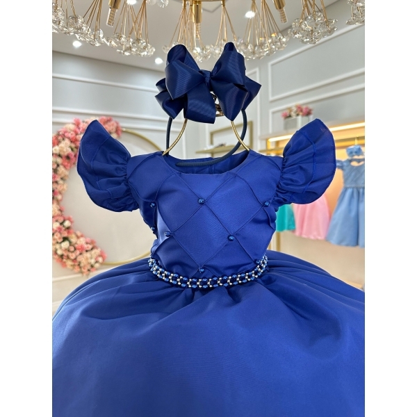 Vestido Infantil Azul Royal Busto Nervura Com Pérolas Festas - Azul Royal