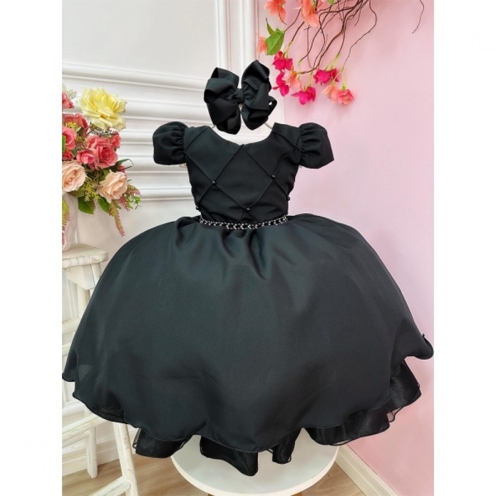 Vestido Infantil Preto C/ Cinto de Pérolas Casamentos