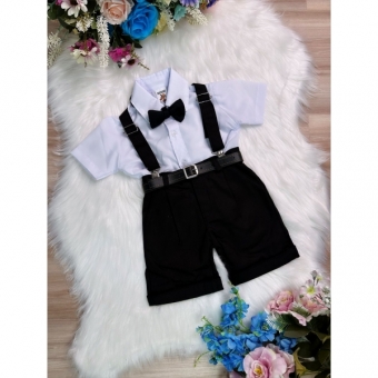 Conjunto Social Short Susp. Gravata Preto e Camisa Branca