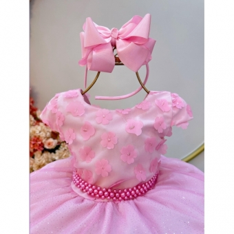 Vestido Infantil Rosa Saia C/ Glitter e Apliques de Flores