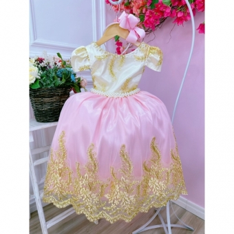 Vestido Infantil Marfim C/ Rosa Cinto Pérolas Renda Realeza