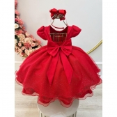 Vestido Infantil Vermelho C/ Busto Nervura Festas Daminhas