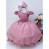 Vestido Infantil Rose Renda Damas Cinto Pérolas e Laço - Rose