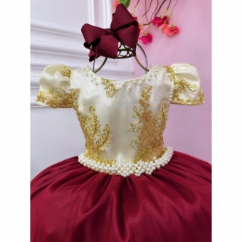 Vestido Infantil Marfim C/ Marsala e Pérolas Renda Realeza