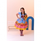 Vestido Infantil Junino Luxo Azul Girassol Colorido