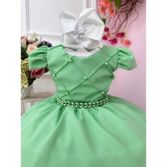 Vestido Infantil Verde Cinto de Pérolas Casamento Luxo