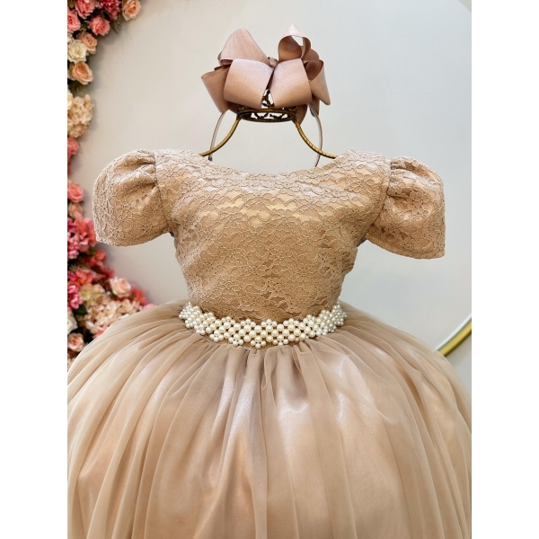 Vestido Infantil Nude C/ Tule e Renda Longo Dama Luxo