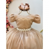 Vestido Infantil Nude C/ Tule e Renda Longo Dama Luxo