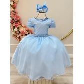 Vestido Infantil Azul Claro Busto Nervura Strass Daminhas