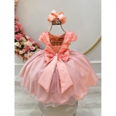 Vestido Infantil Salmão Saia C/ Glitter e Apliques de Flores