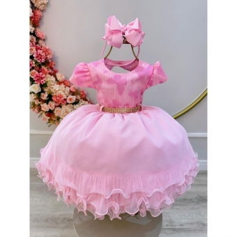 Vestido Infantil Rosa C/ Borboletas e Strass no Busto Luxo