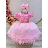 Vestido Infantil Rosa C/ Borboletas e Strass no Busto Luxo