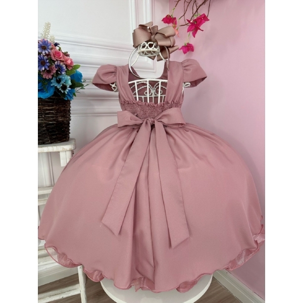 Vestido Infantil Rose Peito Nervura C/ Cinto de Pérolas Luxo