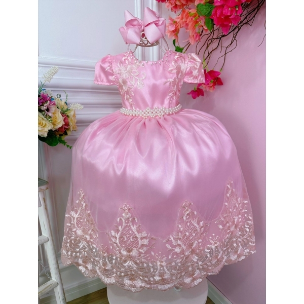Vestido Infantil Rosa C/ Renda Realeza e Cinto de Pérolas