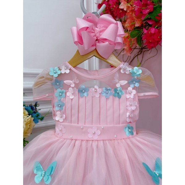 Vestido Infantil Rosa Plissado Aplique Flores Borboleta