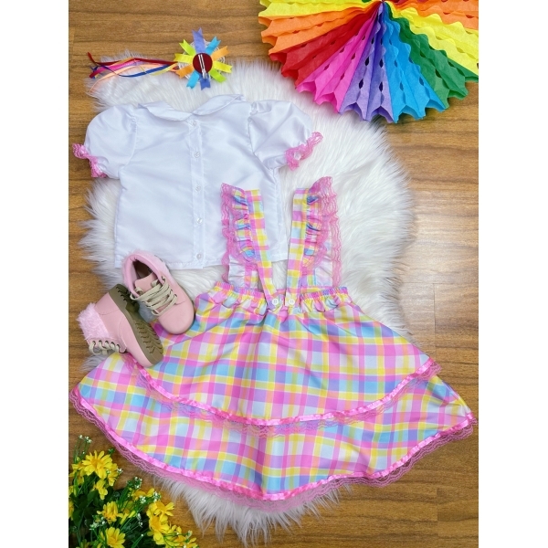 Conjunto Infantil Junino Camisa e Salopete Xadrez Rosa Estampado