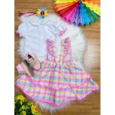 Conjunto Infantil Junino Camisa e Salopete Xadrez Rosa Estampado