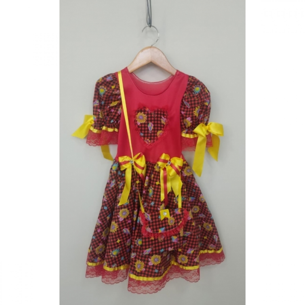 Vestido Infantil Junino Vermelho Xadrex Colorido Girassol C/ Bolsinha