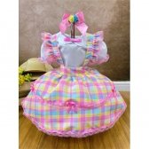 Conjunto Infantil Junino Camisa e Salopete Xadrez Rosa Estampado