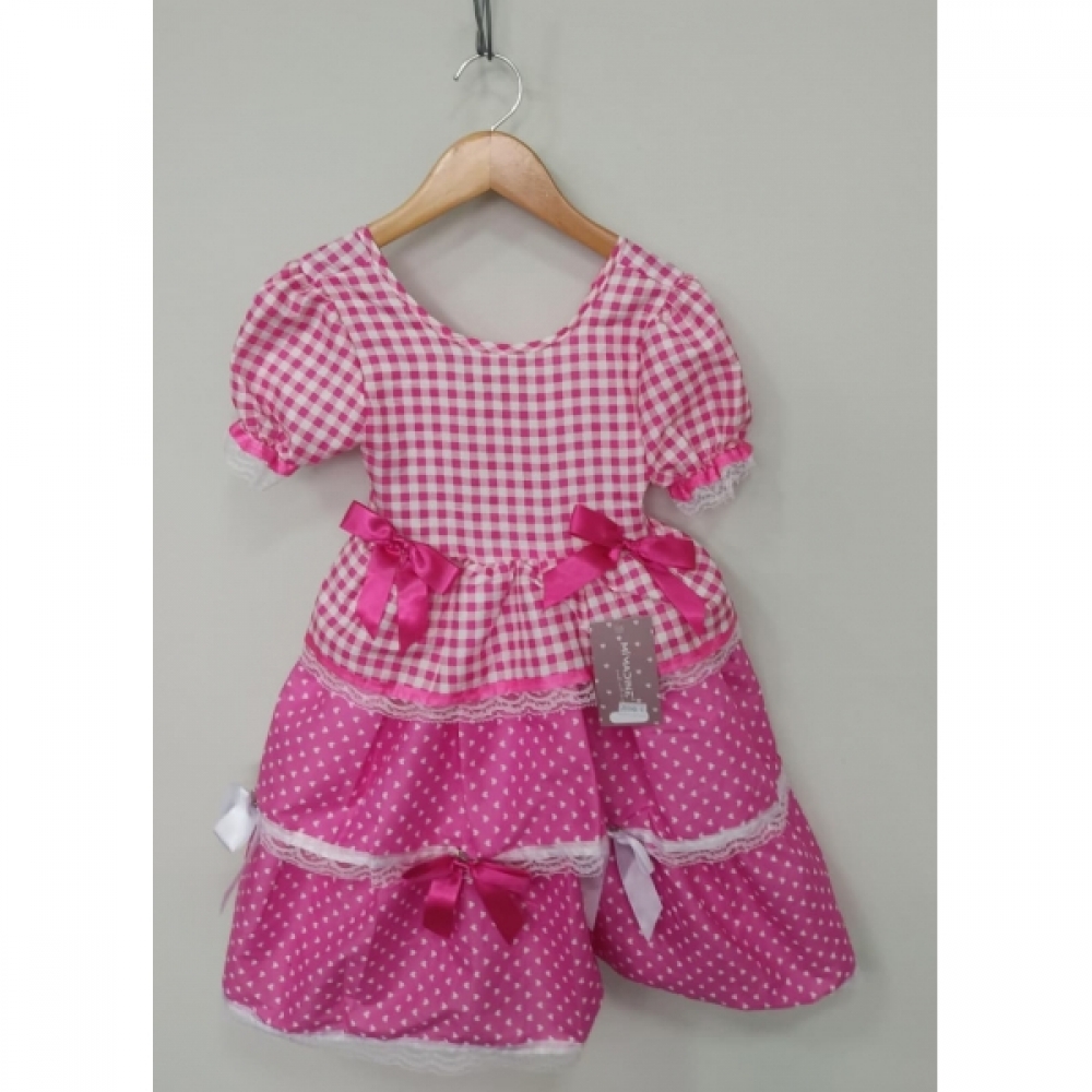 Vestido Infantil Junino Caipira Arraiá Pink Xadrez Laços