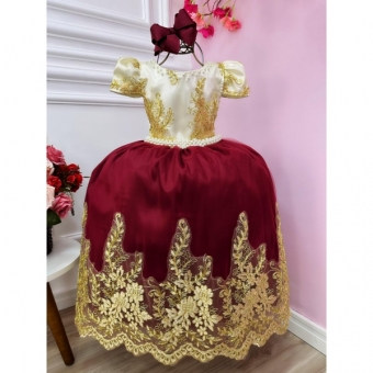 Vestido Infantil Marfim C/ Marsala e Pérolas Renda Realeza