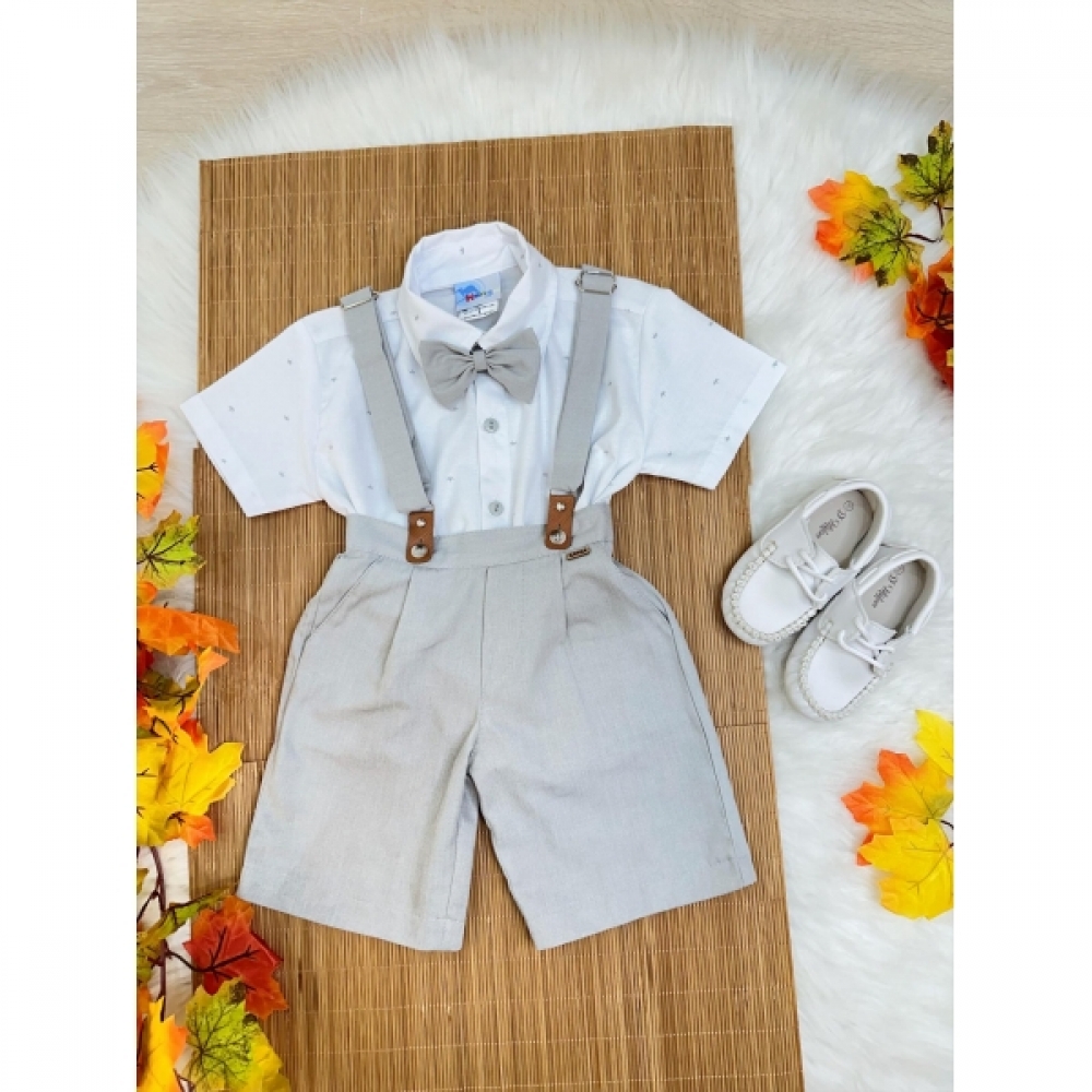 Conjunto Social Camisa Branca Com Short Gravata e Susp. Cinza