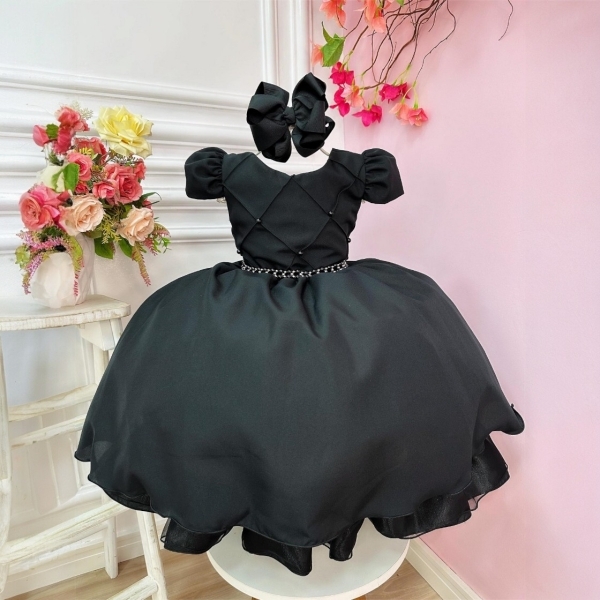 Vestido Infantil Preto C/ Cinto de Pérolas Casamentos