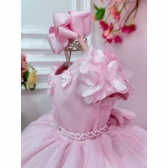 Vestido Infantil Rosa Claro Com Apliques de Flores Daminha
