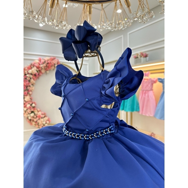 Vestido Infantil Azul Royal Busto Nervura Com Pérolas Festas - Azul Royal