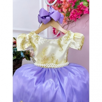 Vestido Infantil Marfim Com Lilás e Renda Realeza