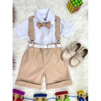 Conjunto Social Camisa Branca e Short Susp. Gravata Caqui