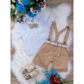 Conjunto Social Short Suspensório Gravata e Camisa Caqui