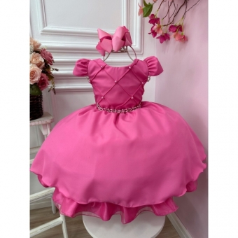 Vestido Infantil Rosa Chiclete Cinto Pérolas Damas Casamento
