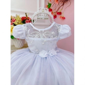 Vestido Infantil Branco Damas C/ Renda e Aplique de Flores